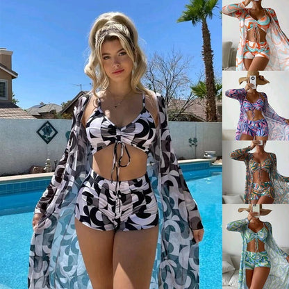 3-Piece Printed Bikini & Cardigan Set