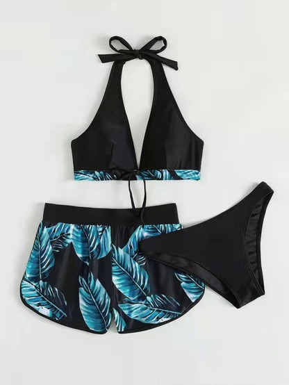 3-Piece Leaf Print Bikini Set