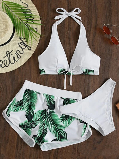 3-Piece Leaf Print Bikini Set