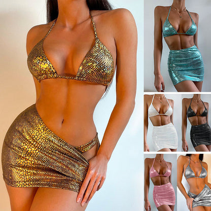 3-Piece Snake Print Bikini Set