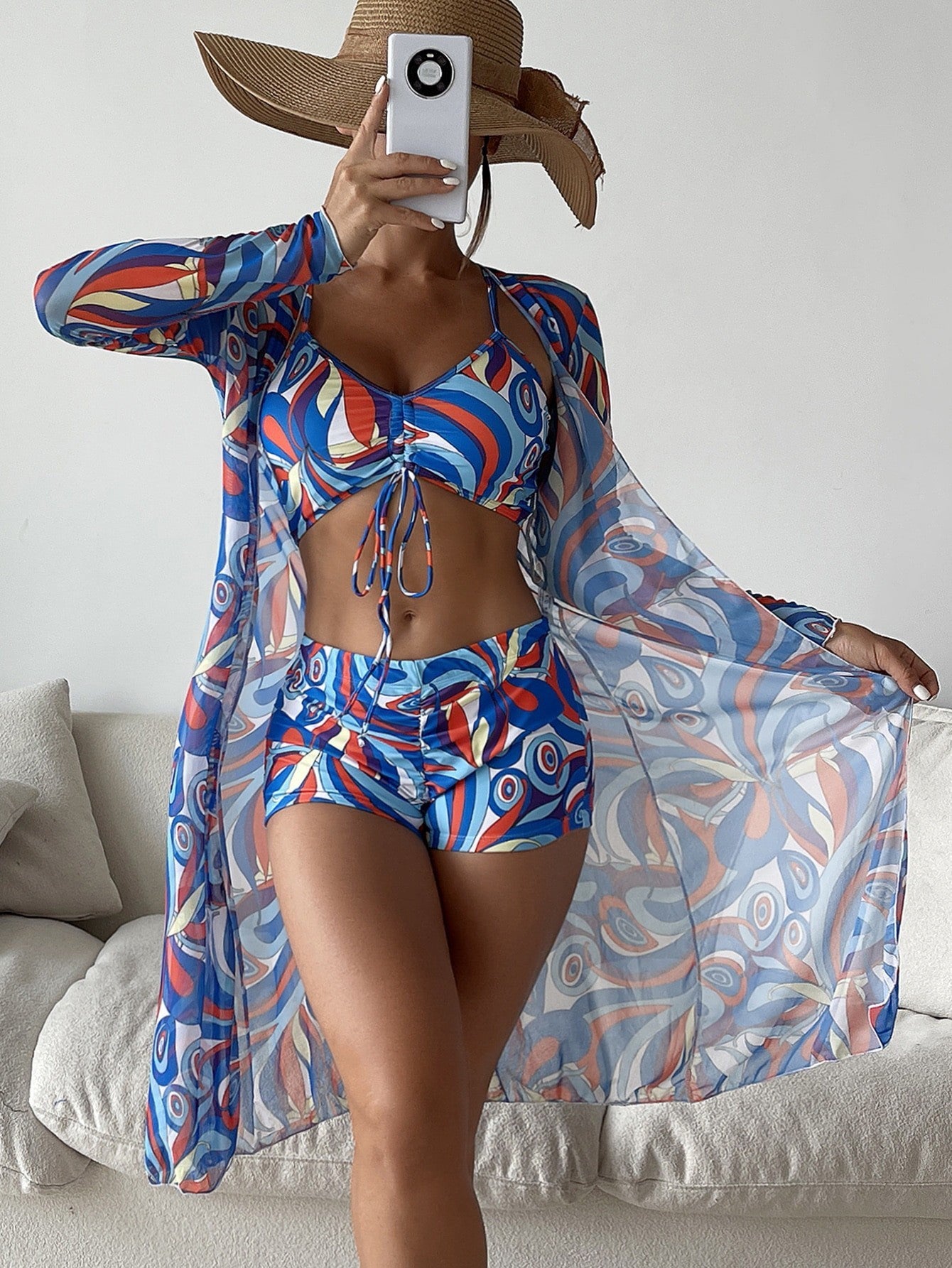 3-Piece Printed Bikini & Cardigan Set