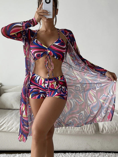 3-Piece Printed Bikini & Cardigan Set