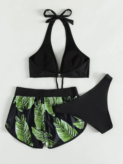 3-Piece Leaf Print Bikini Set