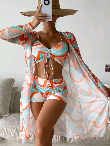 3-Piece Printed Bikini & Cardigan Set