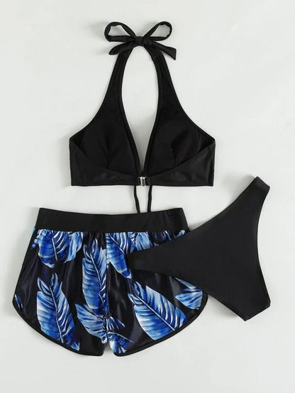 3-Piece Leaf Print Bikini Set