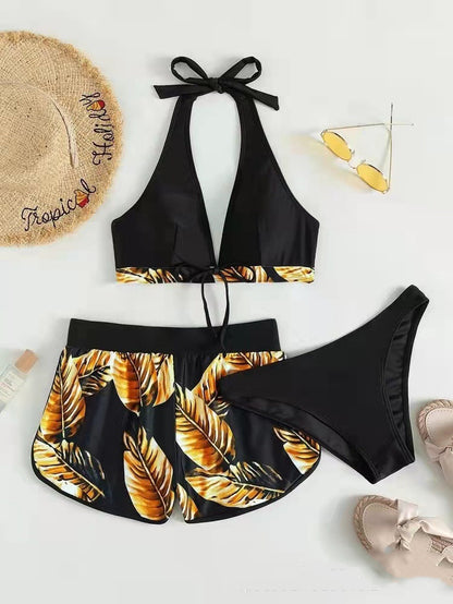 3-Piece Leaf Print Bikini Set