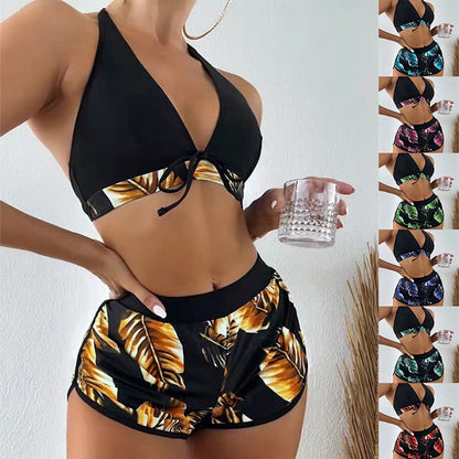 3-Piece Leaf Print Bikini Set